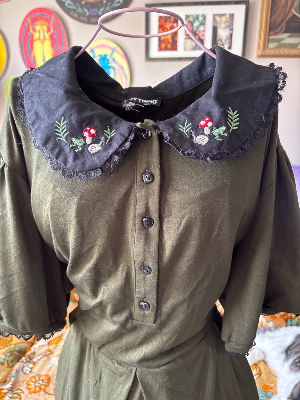 Hot Topic Olive Green Midi Dress with Black Embroidered Collar - Picture 2 of 3